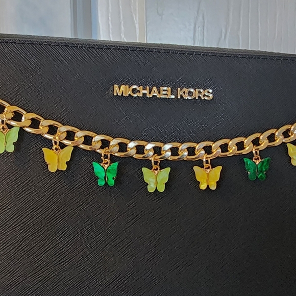 Hand Crafted Handbags - Hand Crafted Gold Chain and Green-Yellow Butterfly Charms